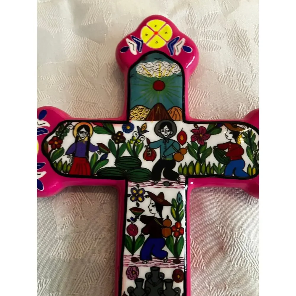 J Ascencion P Guerrero Mexico Ceramic Folk Art Cross Hand Painted Farmers